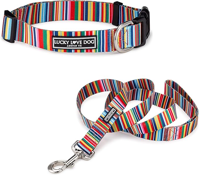 Lucky Love Dog - Easy Click Buckle Dog Collar with Leash Set Combo, Durable & Comfortable for Male & Female Dogs, Pet Collar for Small to Large Dogs, Secure Fit - Hippie Combo, Medium