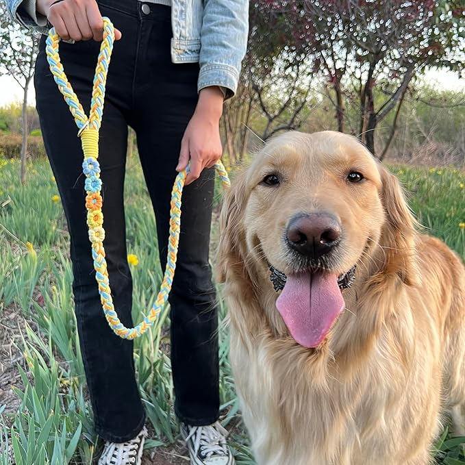 Handmade 5ft Braided Cotton Dog Leash with Unique Floral Handle, Durable and Stylish, Ideal for Small to Large Dogs, Blue & Yellow Twist (Sunshine Breeze)
