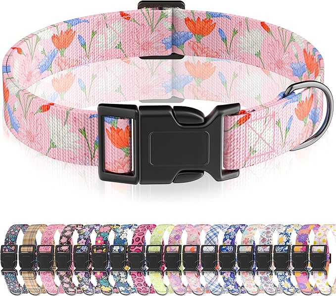 Dog Collar, Cute Floral Puppy Collar for Boys Girls Small Medium Large Dogs, Adjustable Soft Pet Collar Fancy Floral with Quick Release Buckle for Males Females, Pink Floral,L