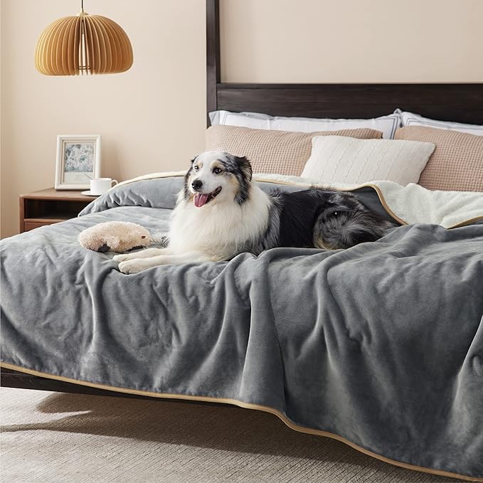 Bedsure Waterproof Blanket for Bed Intimacy- Sherpa Fleece Waterproof Dog Blankets for Large Dogs, Pet Blankets for Bed/Couch, Soft Plush Reversible Furniture Protector, King Size, 108"x86", Grey