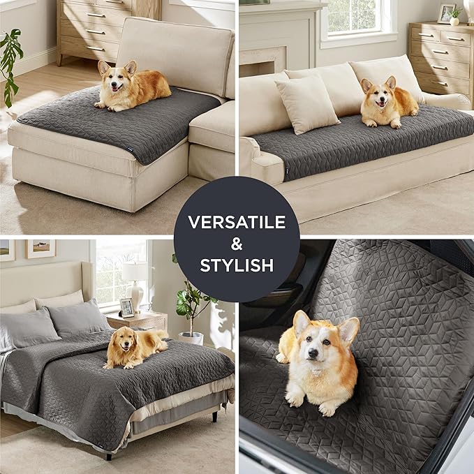 Bedsure 100% Waterproof Bed Cover for Dogs Washable - Non Slip Waterproof Dog Blanket for Bed, Lightweight Furniture Protector Durable for Pet Puppy with Non-Slip Bottom, Dark Grey, 68x82IN