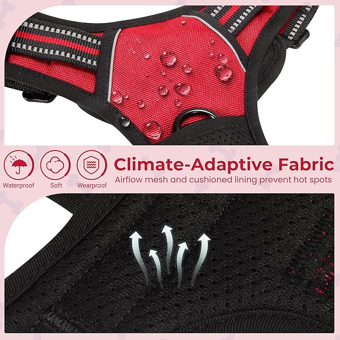 Funfox Dog Harness No Pull, Adjustable Pet Vest Harness Red M with Handle, 2 Leash Clips for Daily Walking Easy Control, Soft Durable Reflective Comfortable for Medium Sized Dogs