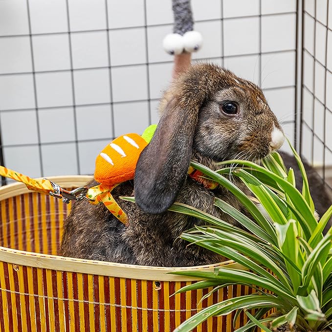 Rabbit Harness and Leash - Adjustable Bunny Harness Escape Proof for Walking Running Hiking Camping Outdoor - Yellow Carrot Pattern Cute Small Animal Harness Leash Set