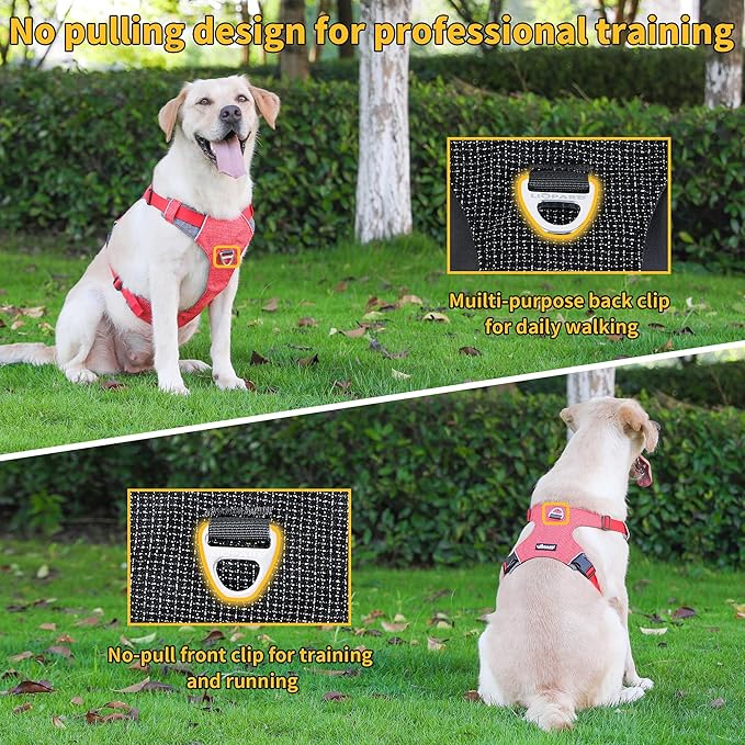 Dog Harness, Easy Walk Pet Harness No Pull with 2 Leash Clips, Reflective Running Soft Padded Adjustable Puppy Vest, Heavy Duty Seatbelt Harness for Car for Small Dogs (red, L)