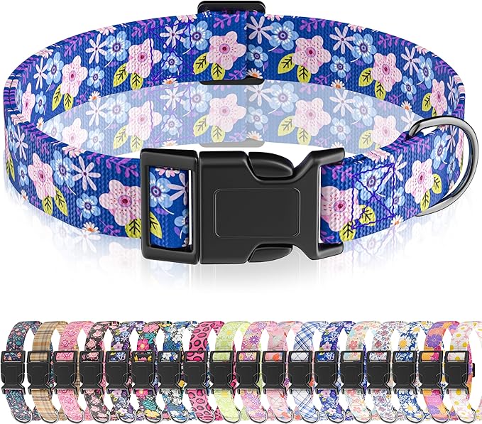 Dog Collar, Cute Floral Puppy Collar for Boys Girls Small Medium Large Dogs, Adjustable Soft Pet Collar Fancy Floral with Quick Release Buckle for Males Females, Floral Purple,L
