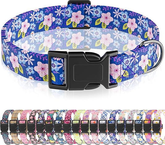 Dog Collar, Cute Floral Puppy Collar for Boys Girls Small Medium Large Dogs, Adjustable Soft Pet Collar Fancy Floral with Quick Release Buckle for Males Females, Floral Purple,L