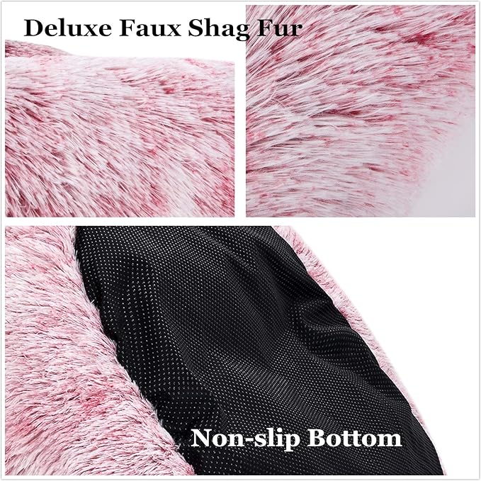 Coohom Oval Calming Donut Cuddler Dog Bed,Shag Faux Fur Cat Bed Washable Round Pillow Pet Bed(30"/36"/43") for Small Medium Dogs (XL(36"x27"x7"), Red)