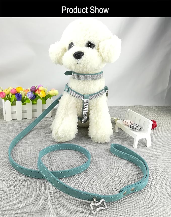 Dog Collar & Harness & Lead Sets Fashion Dog Collar Diamante with Harness & Leashes Comfortable Soft Collar Harness and Leashes Set for Dog - Blue - M