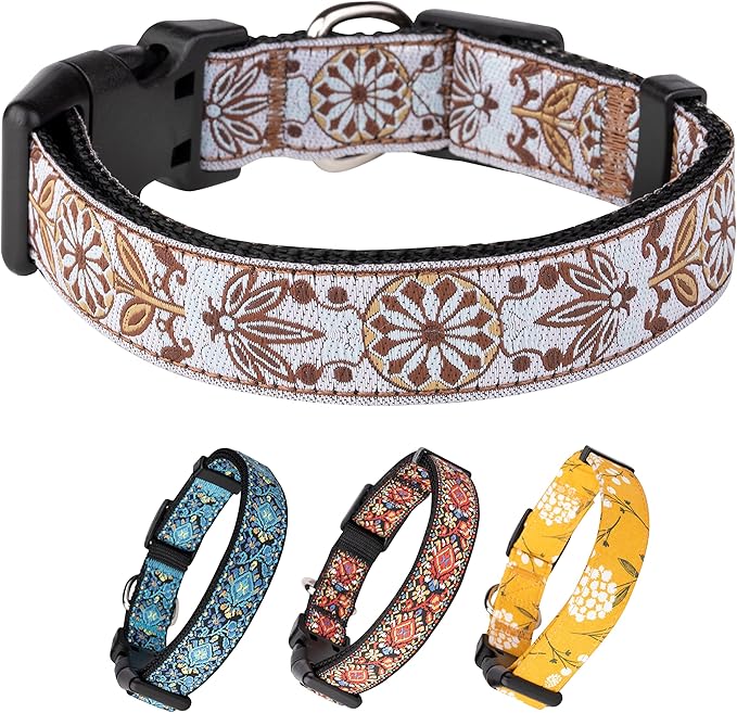 Dog Collars for Small Medium & Large Dogs - Female and Male Patterns on Long Lasting, Adjustable, Strong and Durable, Puppy Quick Release Buckle, White Woven Collar