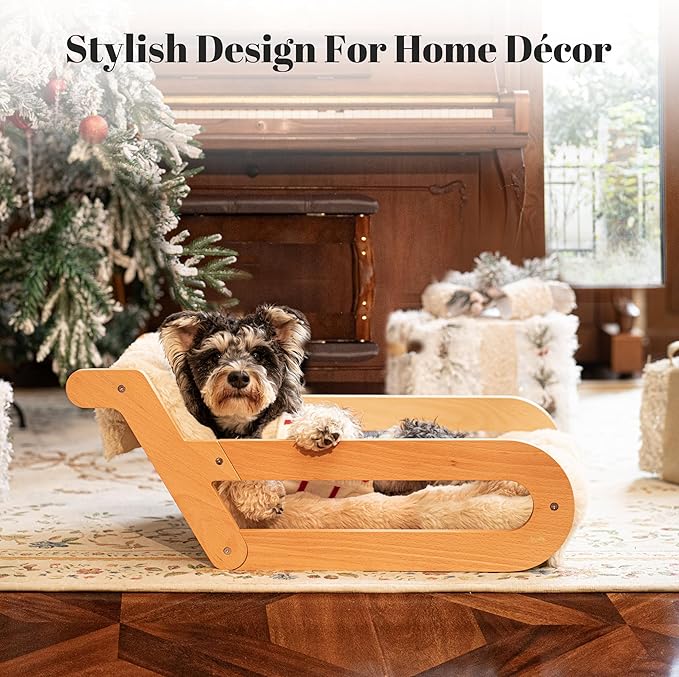 Elevated Cat Couch Bed for Indoor, Wooden Cats Sofa with Washable Fluffy Cover Raised Kitty Lounge Chair Suitable for Puppy(Cat Lounge Khaki)