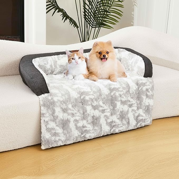 Calming Dog Couch Bed Mat, 31x28 Inch Waterproof Fluffy Sofa Cover, Furniture Protector with Handle, Removable and Washable Pet Bed for Small Dogs and Cats (Grey)