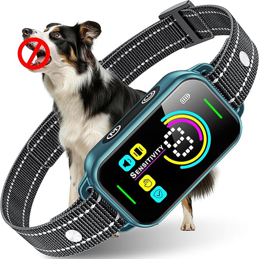 DINJOO Bark Collar, Dog Bark Collar for Large Medium Small Dogs,Smart Bark Collar,Rechargeable Anti Barking Training Collar with 8 Adjustable Sensitivity,Bark Shock Collar with Beep Blue
