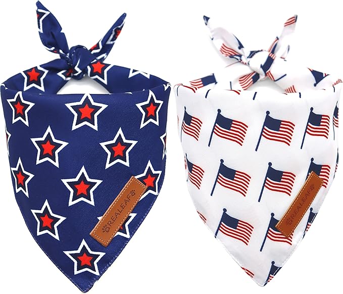 Realeaf American Flag Dog Bandanas 2 Pack, Triangle Reversible 4th of July Pet Scarf for Boy and Girl, Premium Durable Fabric, Patriotic Bandana for Small Medium Large and Extra Large Dogs (X-Large)