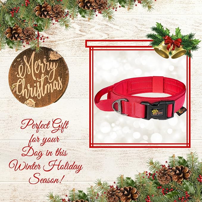 ADITYNA Heavy-Duty Tactical Dog Collar with Handle - Perfect Red Dog Collar for Training, Walking, or Hunting (Large: Fit 18.5-22" Neck, Red)