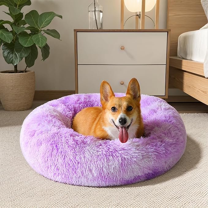 WESTERN HOME WH Calming Dog & Cat Donut Cuddler, Anti-Anxiety Warming Cozy Soft Round Bed, Fluffy Faux Fur Plush Cushion for Small Medium Dogs and Cats (20"/24"/27"/30")