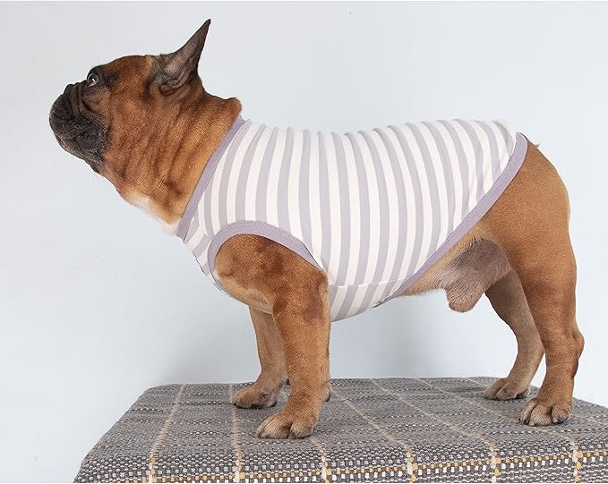 iChoue French Bulldog 100% Breathable Cotton Striped T Shirts Halloween Vest Clothes for Medium Dogs Tank Tops Frenchie Pug English Boston Terrier Pitbull Grey White Stripes - Large