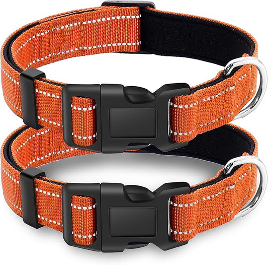 2 Pack Reflective Dog Collar with Safety Locking Buckle, Adjustable Soft Breathable Comfortable Nylon Pet Collar for Small, Medium and Large Dogs, Orange, L