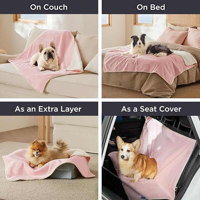 Bedsure Waterproof Blanket for Bed - Sherpa Fleece Waterproof Dog Blankets for Large Dogs, Pet Blankets for Bed/Couch/Dog Crate, Soft Plush Reversible Furniture Protector, Queen Size, 90"x86", Pink