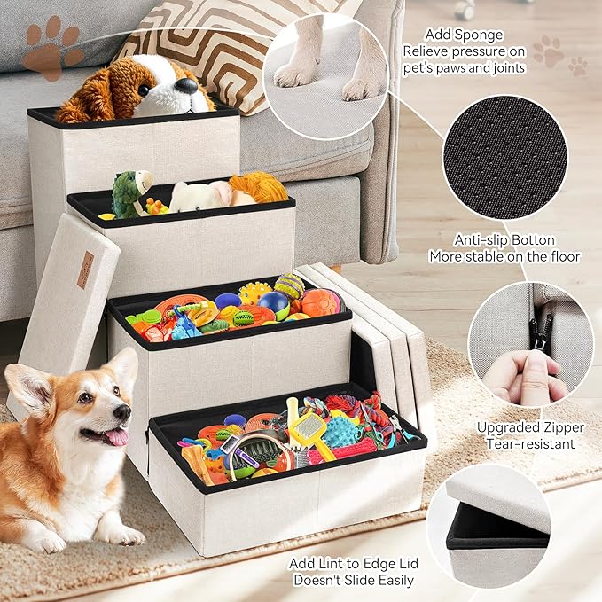 Dog Stairs with Storage 23" H, 4-Step Wider Dog Steps for High Beds Window, Folding Sturdy Pet Stairs Gift for Small/Medium/Large Old Dogs Cat, Ramp for Climbing Car Up to 200 lbs, Beige Gray