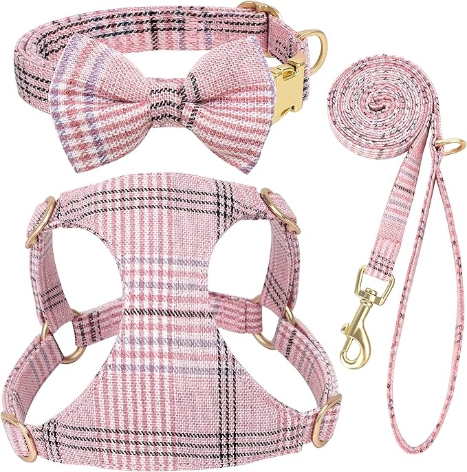 Beirui Cute Small Dog Harness Collar and Leash Set with Bowtie, Soft Adjustable Pink Puppy Harness for Small Sized Dogs Cats Walks Parties and Photoshoots(Pink,XXS:Chest 12-14")
