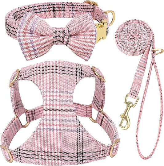 Beirui Cute Small Dog Harness Collar and Leash Set with Bowtie, Soft Adjustable Pink Puppy Harness for Small Sized Dogs Cats Walks Parties and Photoshoots(Pink,XXS:Chest 12-14")