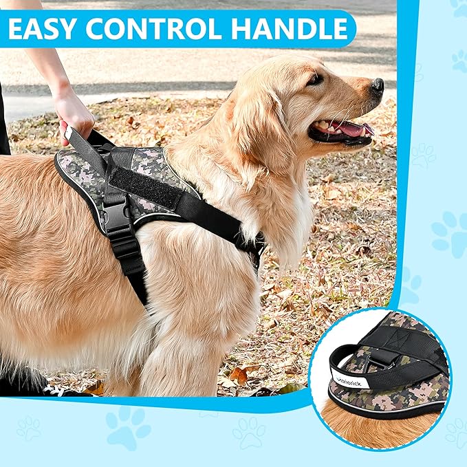 Reflective No Pull Dog Harness for Large Medium Dogs Adjustable Padded Vest 2 Leash Clips Easy Control Handle Soft Comfortable Tactical Military Grade Training Walking Hiking (Green Camouflage M)
