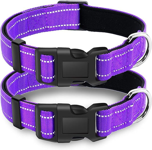 2 Pack Reflective Dog Collar with Safety Locking Buckle, Adjustable Soft Breathable Comfortable Nylon Pet Collar for Small, Medium and Large Dogs, Purple, XL