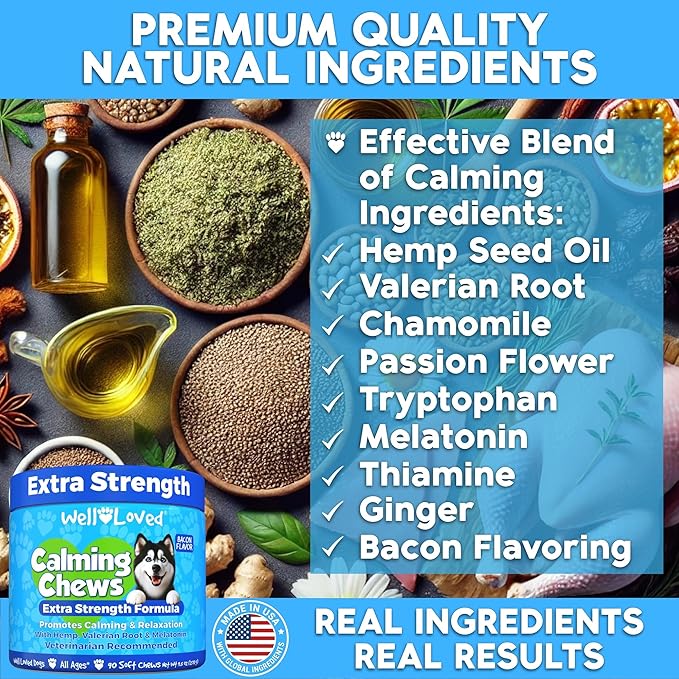 Calming Chews for Dogs - Dog Calming Chews, Made in USA, Vet Recommended, Behavior Support with Melatonin & Hemp, Stress, Separation, Fireworks, Travel, Extra Strength