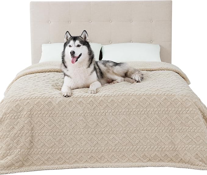 Bedsure Waterproof Dog Blankets for Bed - Pet Blanket for Bed Couch Protector Washable, Premium Jacquard Coral Fleece Cat Throw Blanket, Soft Plush Reversible Furniture Protection, King, 86x108, Cream