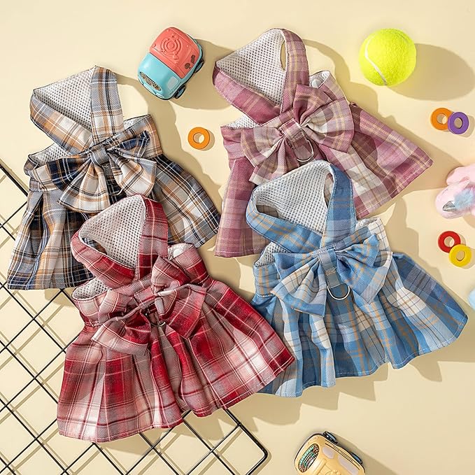 4 Pcs Cute Plaid Dog Dress Set with Bow Tie Harness & Leash for Small Dogs, Puppy Clothes for Girls Summer Outfits(Xs,Dark Color)