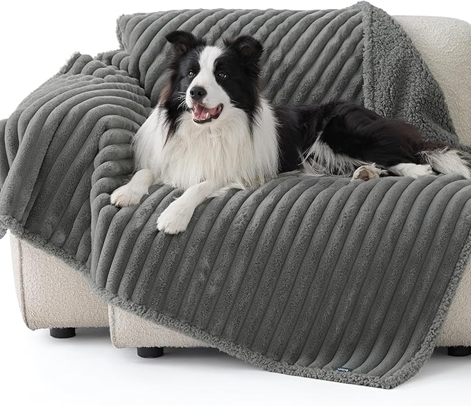 Bedsure Waterproof Dog Blankets for Large Dogs - Soft Pet Cat Blanket Corduroy Fleece for Couch Bed Protector Washable, Cozy Calming Reversible Furniture Protection for Puppy,50"x60", Warm Grey
