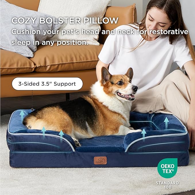 Bedsure Orthopedic Dog Beds Large Sized Dog - Washable Large Dogs Bed Waterproof, Big Comfort Pet Couch with Washable Removable Cover, Supportive Foam Pets Sofa with Nonskid Bottom, Blue Navy