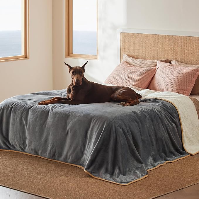 Bedsure Waterproof Blanket for Bed Intimacy- Sherpa Fleece Waterproof Dog Blankets for Large Dogs, Pet Blankets for Bed/Couch, Soft Plush Reversible Furniture Protector, King Size, 108"x86", Grey