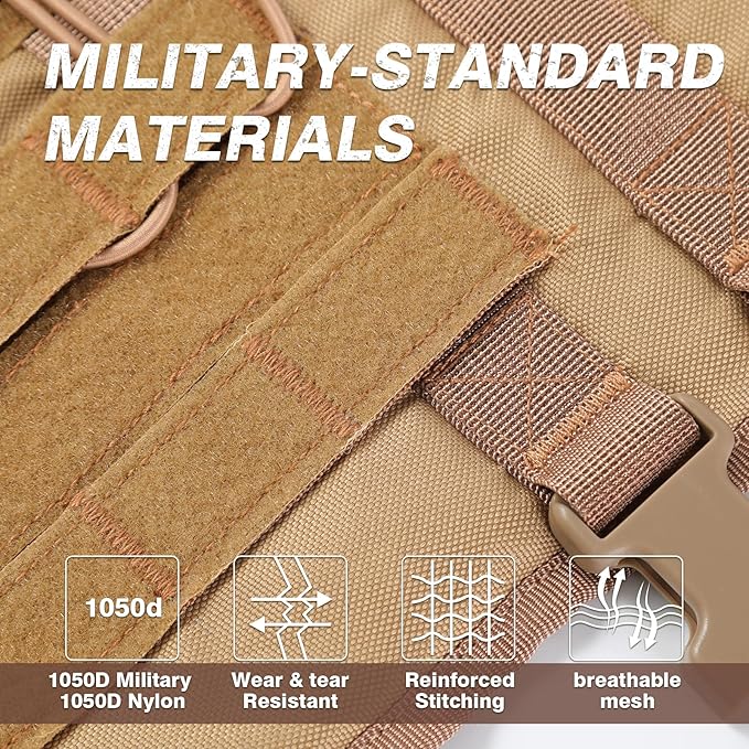 No Pull Tactical Dog Harness for Medium Dogs, Escape Proof Molle Dog Vest Harness and Leash Set, Adjustable Military Service Dog Harness with Handle for Medium Large Dogs(Brown,M)