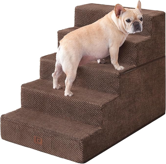 EHEYCIGA Dog Stairs for High Bed 25”H, 5-Step Extra Wide Dog Steps for Bed, Pet Steps for Small Dogs and Cats, Non-Slip Balanced Dog Indoor Ramp, Brown