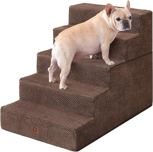 EHEYCIGA Dog Stairs for High Bed 25”H, 5-Step Extra Wide Dog Steps for Bed, Pet Steps for Small Dogs and Cats, Non-Slip Balanced Dog Indoor Ramp, Brown