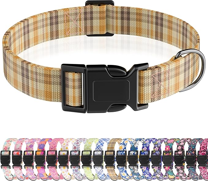 Dog Collar, Plaid Puppy Collar for Boys Girls Small Medium Large Dogs, Adjustable Soft Pet Collar Classical Plaid with Quick Release Buckle for Males Females, Brown,S