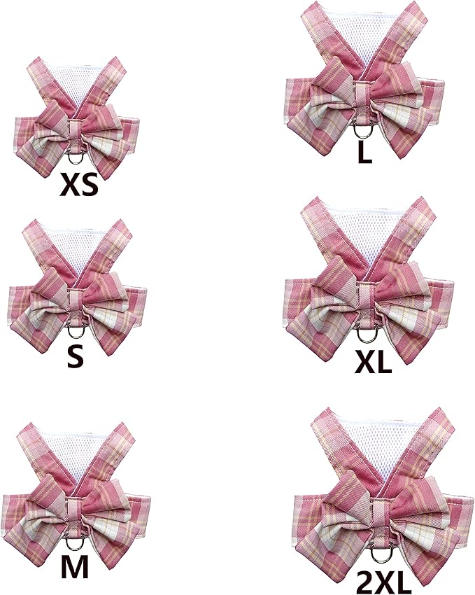 Plaid Dog Dress Bow Tie Harness Leash Set,Dog Clothes Harness Dress with Leash Ring for Small Dogs Girl, Puppy Princess Rabbit Clothes Chihuahua Yorkies Pet Outfits (Pink, Large)