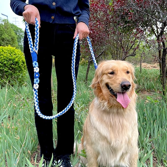 Handmade 5ft Braided Cotton Dog Leash with Unique Floral Handle, Durable and Stylish, Ideal for Small to Large Dogs,Sea Wave