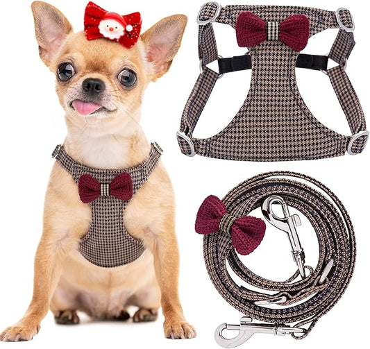 Puppytie No Pull xs Dog Harness with Multifunction Dog Leash,Soft Adjustable No Choke Escape Proof Pet Harness Vest,Knitted Brown,XXS