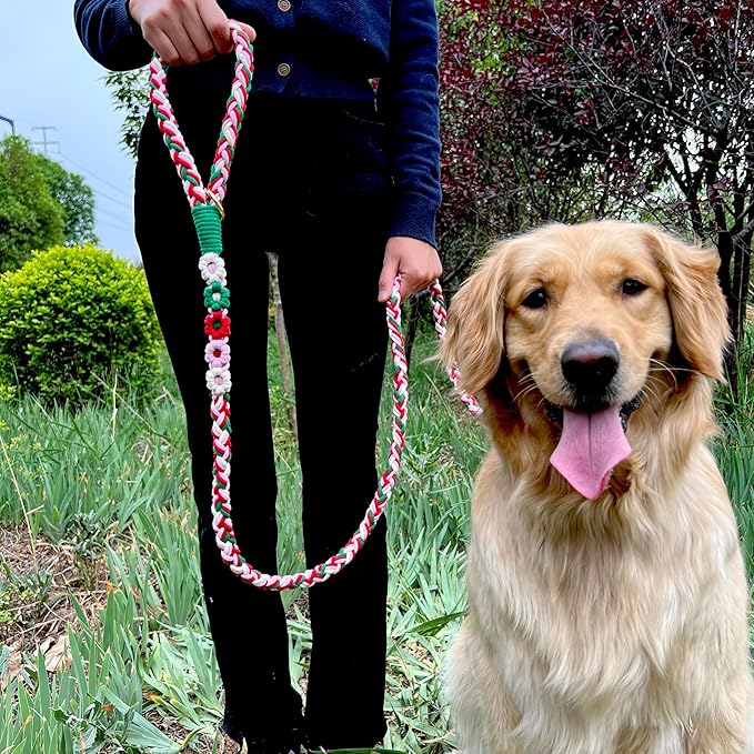Handmade 5ft Braided Cotton Dog Leash with Unique Floral Handle, Durable and Stylish, Ideal for Small to Large Dogs,Strawberry
