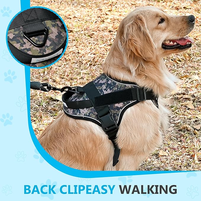 Reflective No Pull Dog Harness for Large Medium Dogs Adjustable Padded Vest 2 Leash Clips Easy Control Handle Soft Comfortable Tactical Military Grade Training Walking Hiking (Blue Camouflage S)
