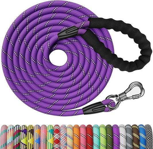 NTR Strong Dog Leash - 15FT Reflective Purple Rope with Swivel Lockable Hook and Padded Handle, Cat & Dog Leash for Small to Large Dogs, Training, Playing, Camping, or Backyard
