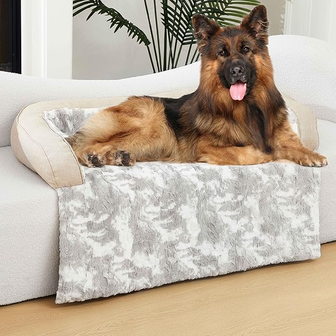 Calming Dog Couch Bed Mat, 45x37 Inch Waterproof Fluffy Sofa Cover, Furniture Protector with Handle, Removable and Washable Pet Bed for Large Dogs and Cats (Beige)
