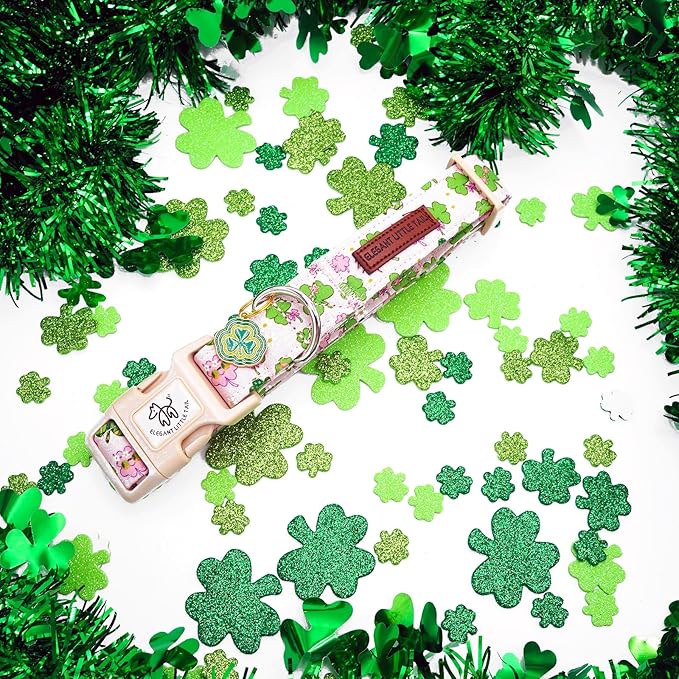 Elegant little tail St Patrick's Dog Collar-Cute Colver Cotton Shamrock Pet Collar Trefoil Pink Holiday Adjustable Cotton Pet Collar with Quick Release Buckle for Small Medium Large Dogs