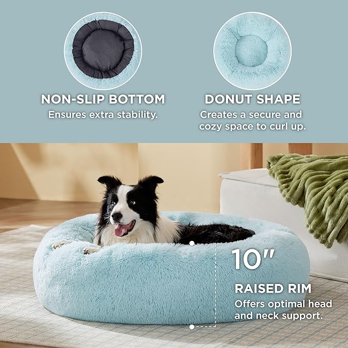 Bedsure Calming Dog Bed for Large Dogs - Donut Washable Large Pet Bed, 36 inches Anti-Slip Round Fluffy Plush Faux Fur Dog Bed, Fits up to 100 lbs Pets, Aqua Blue