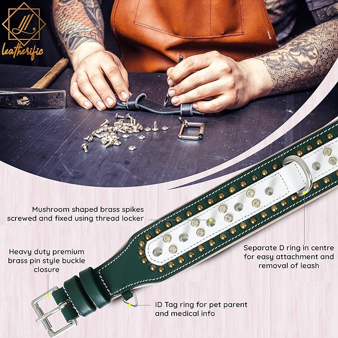 Genuine Leather Dog Collar by Leatherific, Premium Bridle Leather, Heavy Duty, Padded, Strong, Screwed Spikes, Medium, Large, Extra Large Breeds, 2" Wide (Forest Green, Neck Size 18"-22")