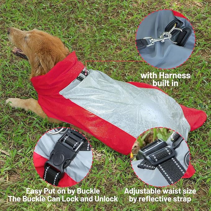 Dog Raincoat with Harness Built in,Outdoor Waterproof Puppy Rain Jacket for Large Dogs,Adjustable Waist by Strap Doggie Rain Coats,Red XL