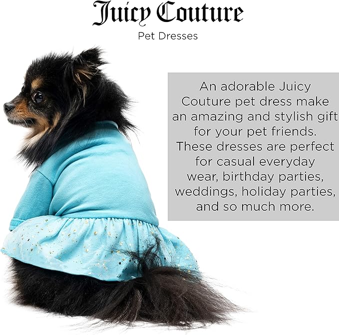 Juicy Couture Turquoise Tulle Sequin Dog Dress – Pullover Design Puppy Shirt with Elasticated Waistline and Flared Skirt, Doggie Clothes for Convenient Bathroom Breaks, X-Small (2-4 lbs.)