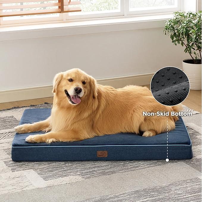 Bedsure Memory Foam Dog Crate Bed for Extra Large Dogs - XL Orthopedic Waterproof Pet Beds with Removable Washable Water-Resistant Cover and Nonskid Bottom - Plush Flannel Fleece Top Pet Mat, Navy